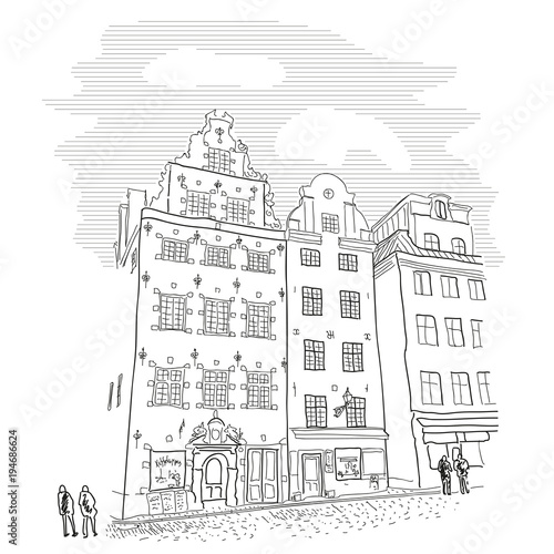 Stockholm. Gamla Stan. Old town view. Vector line style illustration. Suitable for packaging.
