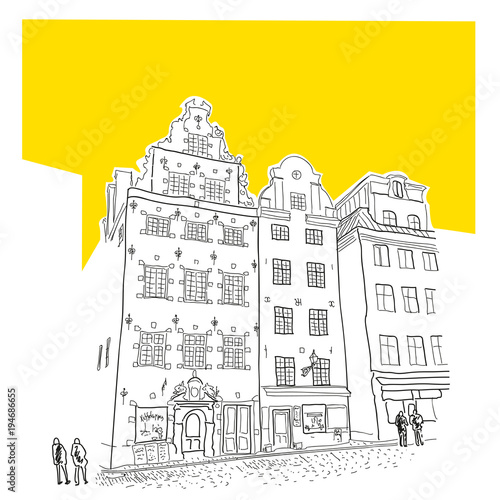 Stockholm. Gamla Stan. Old town view. Vector line style illustration. Suitable for packaging.

