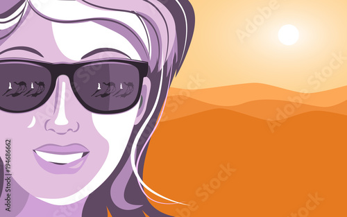 Pretty woman in sunglasses sees men and camels. Desert on background. Vector illustration.
