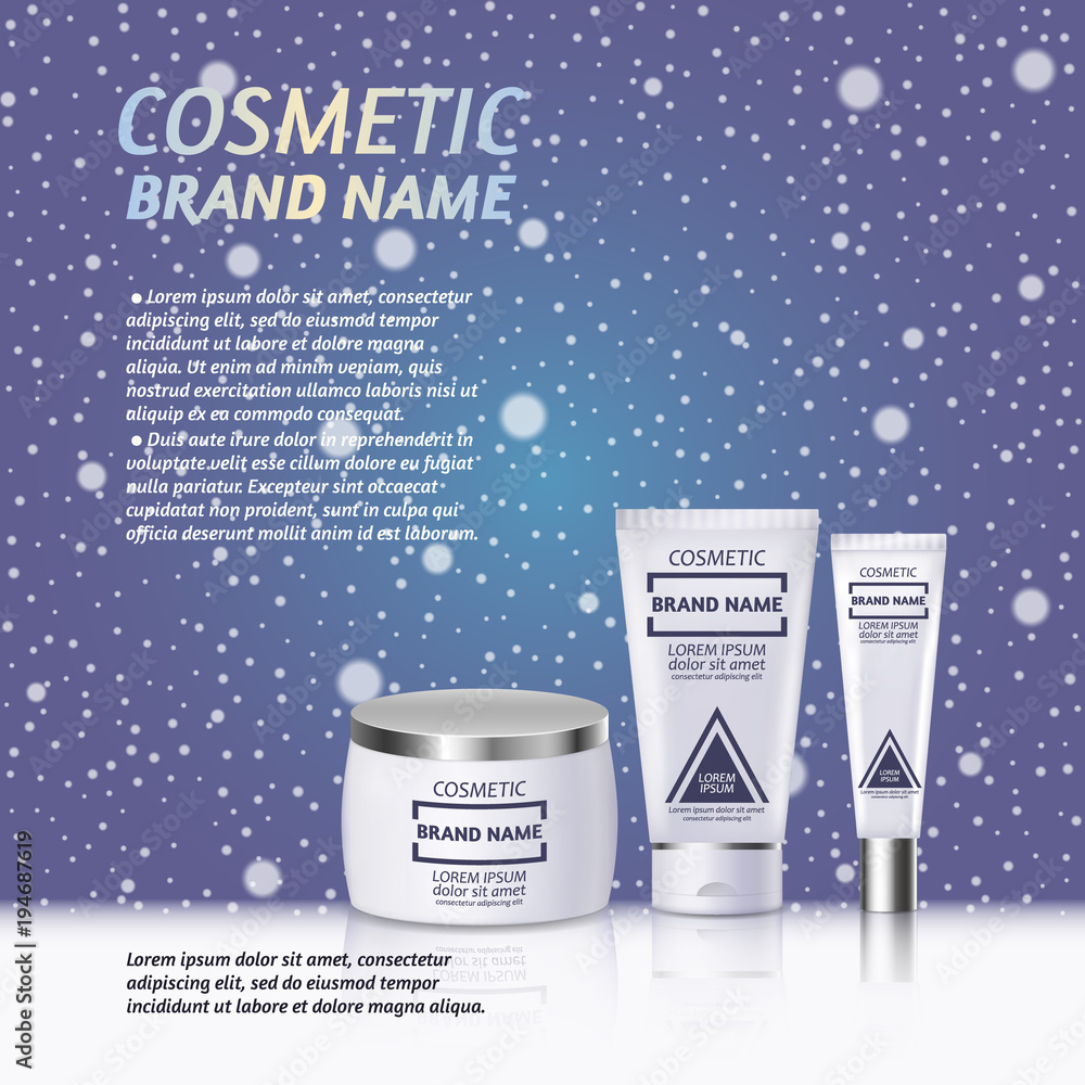 Vector 3D cosmetic illustration on a winter snowing background. Beauty realistic cosmetic product design template. Vector 3D cosmetic illustration on a winter snowing background. Beauty realistic cosmetic product design template.