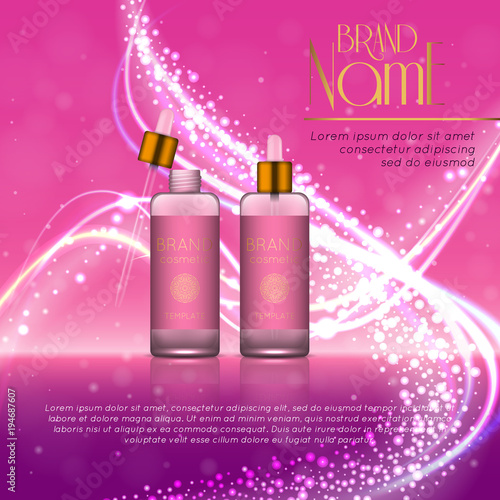 3D realistic cosmetic bottle ads template. Cosmetic brand advertising concept design with glitters and bokeh background