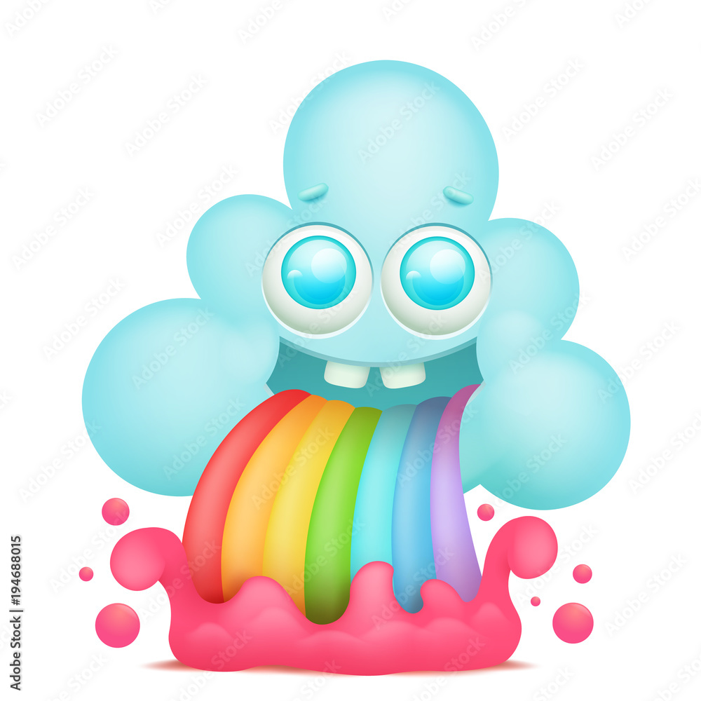 Cartoon cloud emoji character with rainbow vomiting