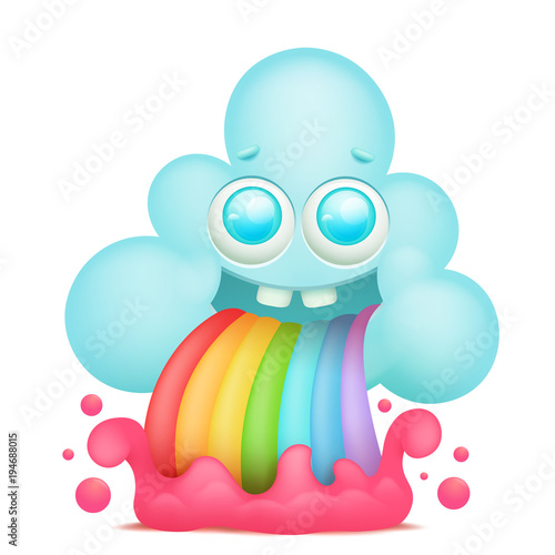 Cartoon cloud emoji character with rainbow vomiting