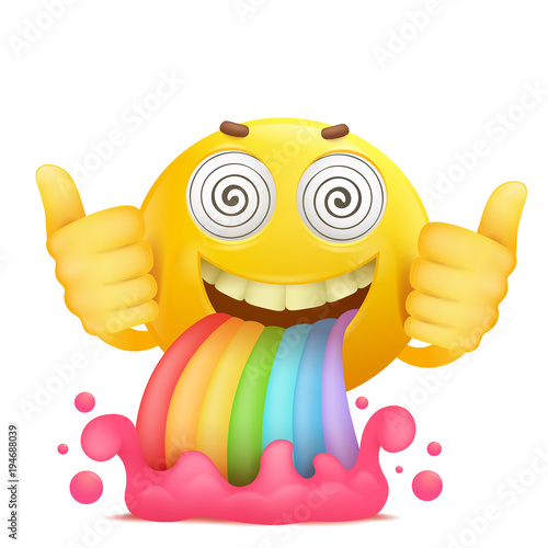 Cartoon yellow smiley face emoji character with rainbow vomiting