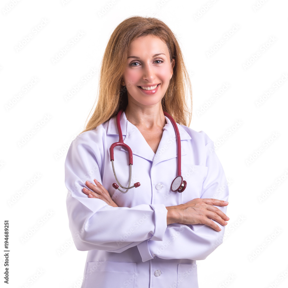 Beautiful caucasian doctor wear white suit with red stethoscope isolated on white Beautiful caucasian doctor wear white suit with red stethoscope isolated on white