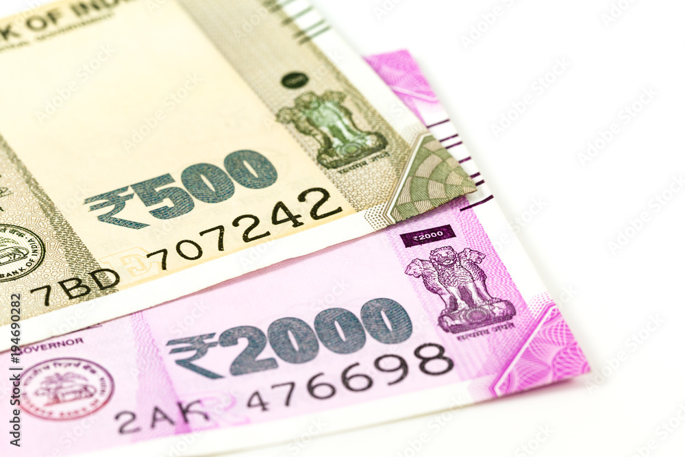 close-up of some new indian rupee bank notes close-up of some new indian rupee bank notes