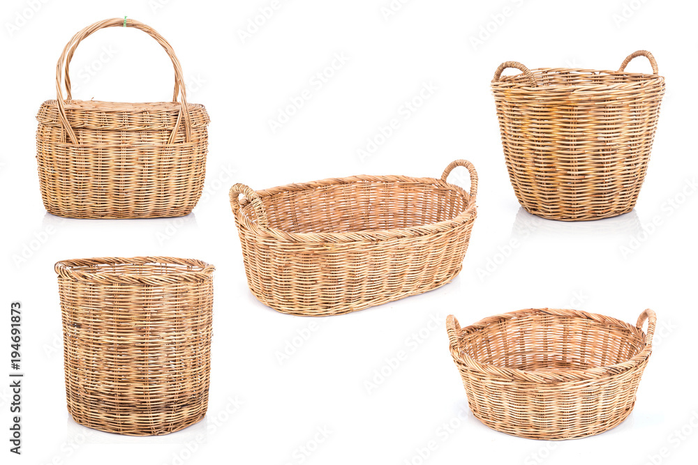 Set of brown handmade rattan basket isolated on white background