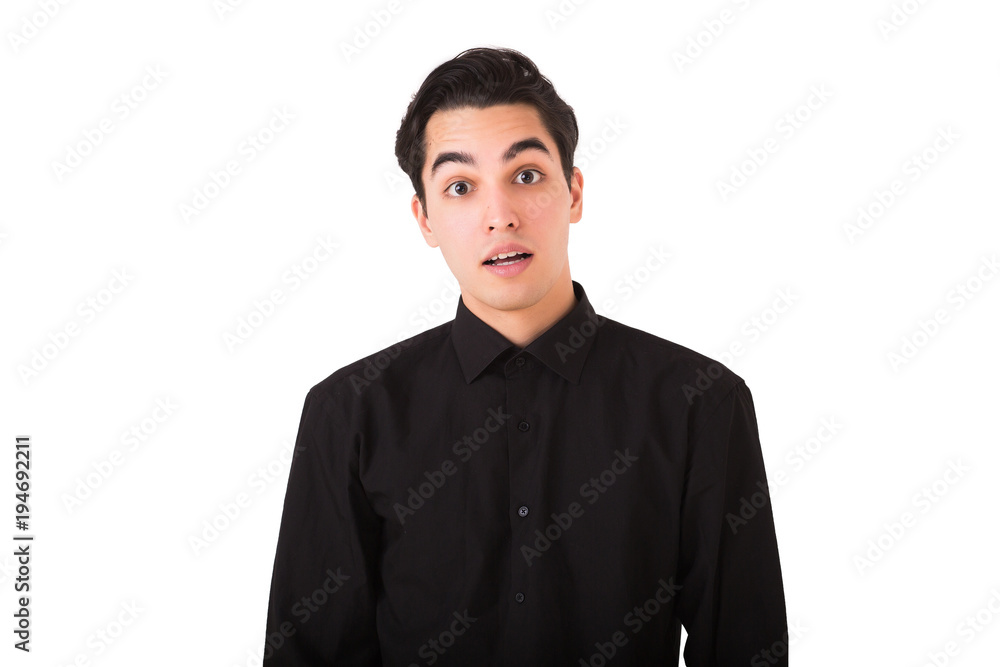 Portrait of young man making excuses for having perplexed. Human face expressions, emotions, mistrust and feelings concept isolated on white background Portrait of young man making excuses for having perplexed. Human face expressions, emotions, mistrust and feelings concept isolated on white background