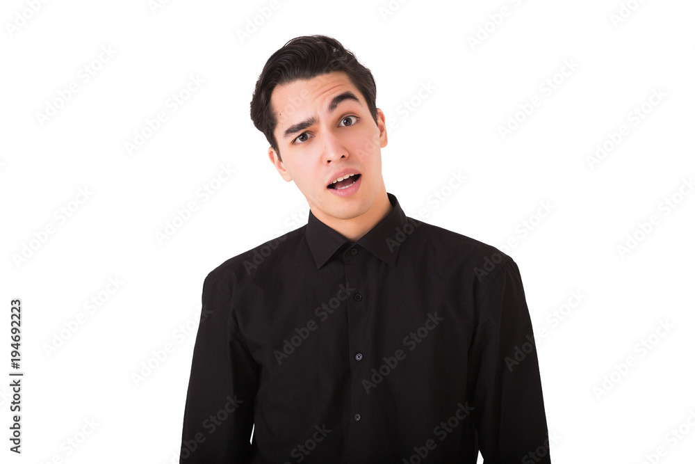 Portrait of young man making excuses for having perplexed. Human face expressions, emotions, mistrust and feelings concept isolated on white background Portrait of young man making excuses for having perplexed. Human face expressions, emotions, mistrust and feelings concept isolated on white background