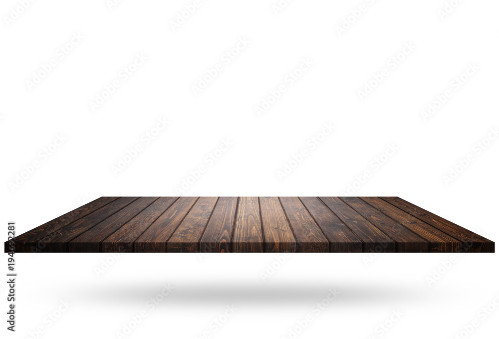 Empty top of wooden shelf or counter isolated on white. Saved with clipping path. For photo montage or product display Empty top of wooden shelf or counter isolated on white. Saved with clipping path. For photo montage or product display