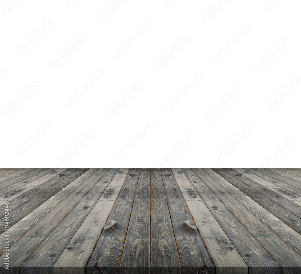 Empty top of wooden table counter isolated on white. Saved with clipping path. For photo montage or product display