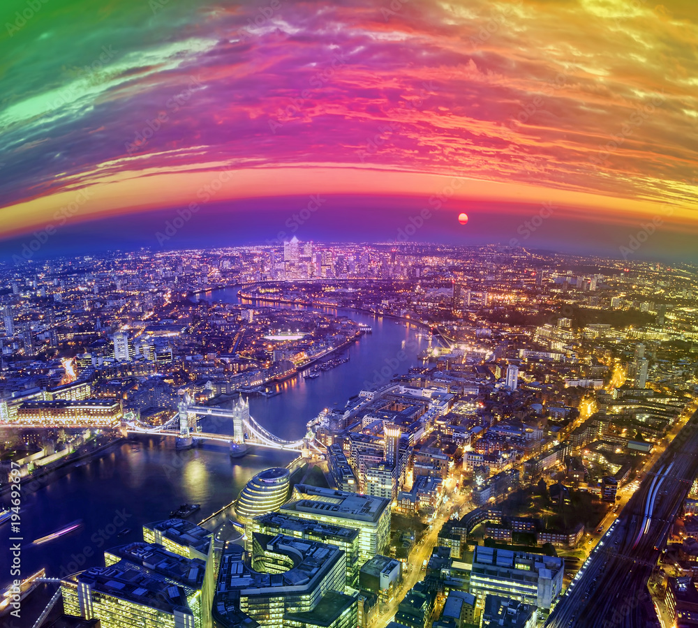 London city sunset, mystic aerial view