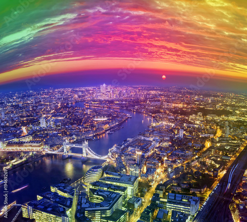 London city sunset, mystic aerial view