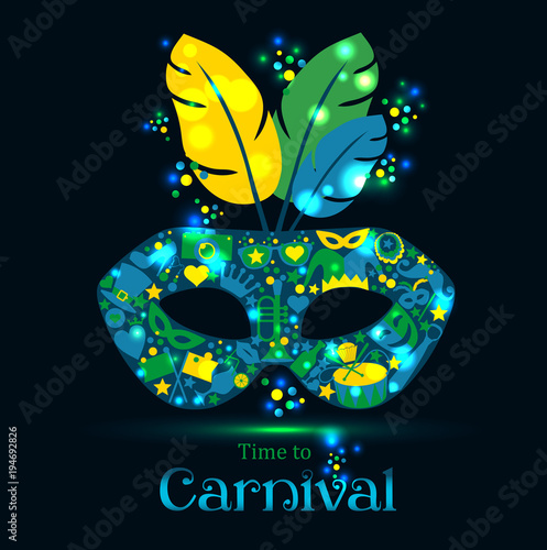 Bright carnival icons mask and sign Time to Carnival 