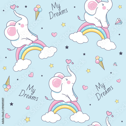 Seamless pattern with white cute elephants. Vector  Illustration
