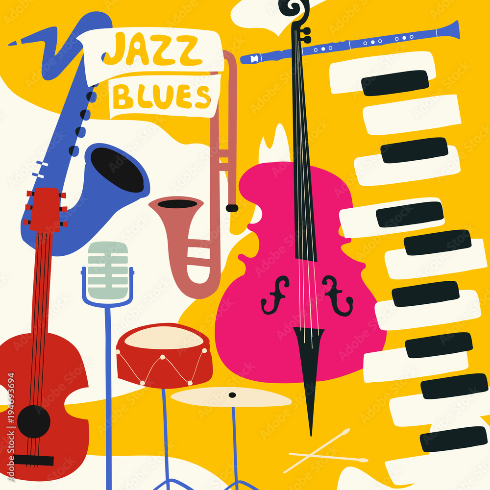 Fototapeta premium Jazz music festival poster with music instruments. Saxophone, trumpet, guitar, violoncello, piano, cymbals, clarinet and microphone flat vector illustration. Jazz concert