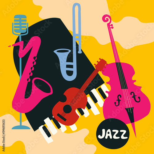 Jazz music festival poster with music instruments. Saxophone, trumpet,  guitar, violoncello, piano and microphone flat vector illustration. Jazz  concert vector de Stock | Adobe Stock