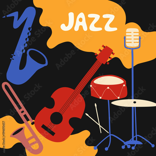 Jazz music festival poster with music instruments. Saxophone, trumpet, guitar...