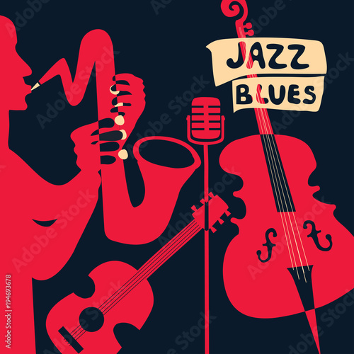 Jazz music festival poster with music instruments. Saxophone, guitar, violoncello and microphone flat vector illustration. Jazz concert poster template with saxophonist