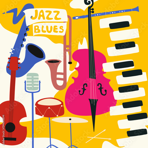 Jazz music festival poster with music instruments. Saxophone, trumpet, guitar, violoncello, piano, cymbals, clarinet and microphone flat vector illustration. Jazz concert