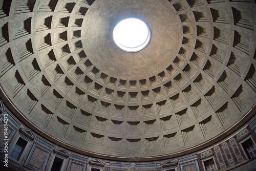 Low angle view of ceiling dome in Roman Pantheon, Rome, Italy