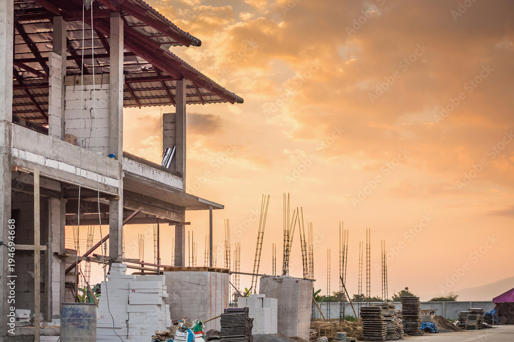 construction residential new house in progress at building site construction residential new house in progress at building site