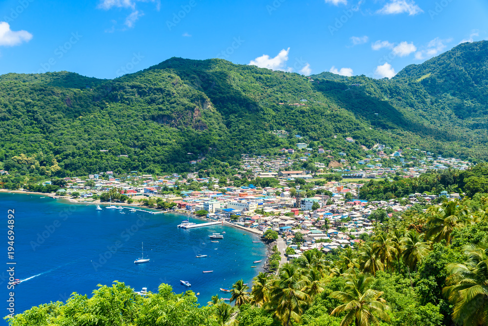 Soufriere Village - tropical coast on the Caribbean island of St. Lucia. It is a paradise destination with a white sand beach and turquoiuse sea.
