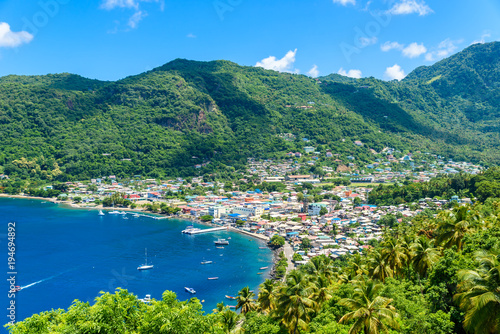 Soufriere Village - tropical coast on the Caribbean island of St. Lucia. It is a paradise destination with a white sand beach and turquoiuse sea. photo