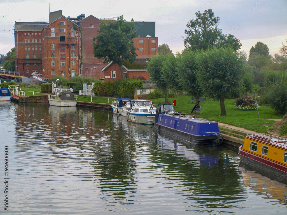 River view of the river avon with mooring boats in Tewkesbury in Gloucestershire, Great Britain.