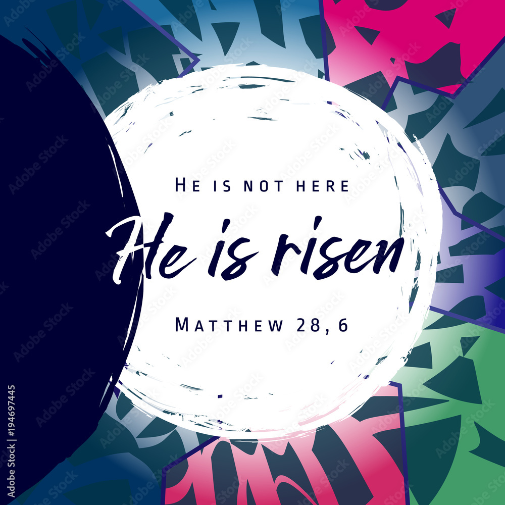 Fototapeta premium He is risen, He is not here. Invitation vector blue color template. Open lighting empty cave shining angel inside. Religious greetings. Jesus up from dead. Light in the end of tunnel. Isolated element