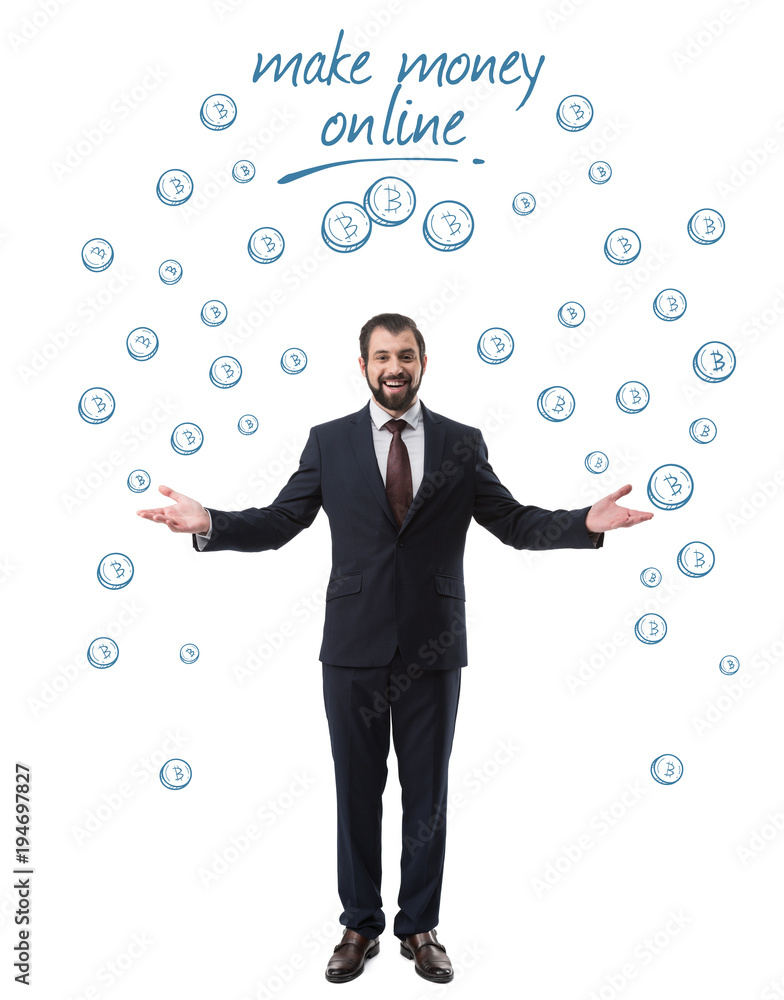 cheerful successful businessman in suit with bitcoin symbols with inscription make money online isolated on white cheerful successful businessman in suit with bitcoin symbols with inscription make money online isolated on white
