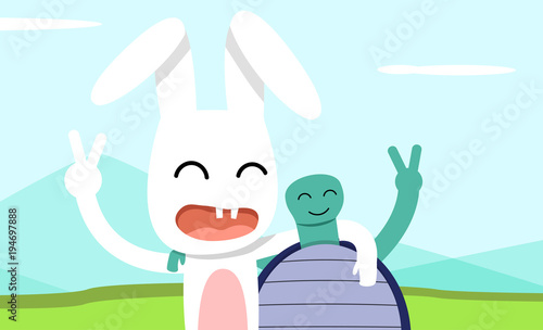Hare and tortoise take pictures together, vector