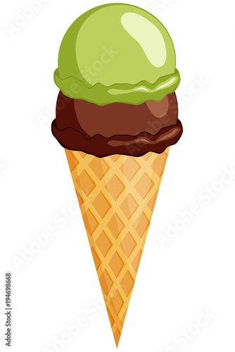 Colorful chocolate mint ice cream cone icon.