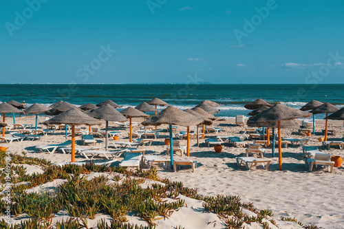 Beach umbrellas on sandy Tunis beach photo