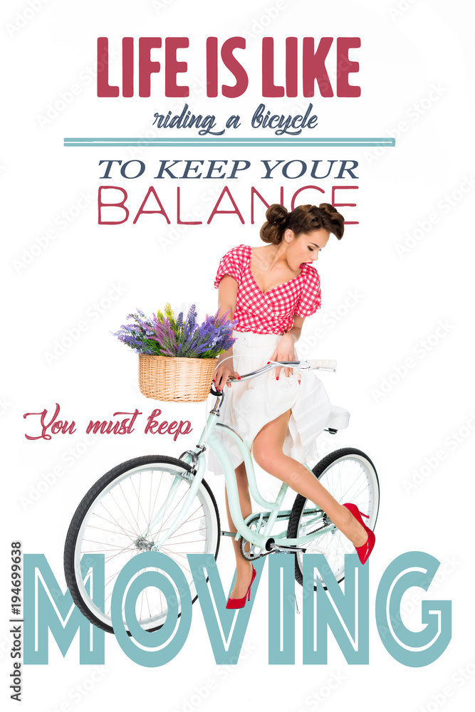 attractive pin up woman on retro bicycle with motivational quote isolated on white attractive pin up woman on retro bicycle with motivational quote isolated on white