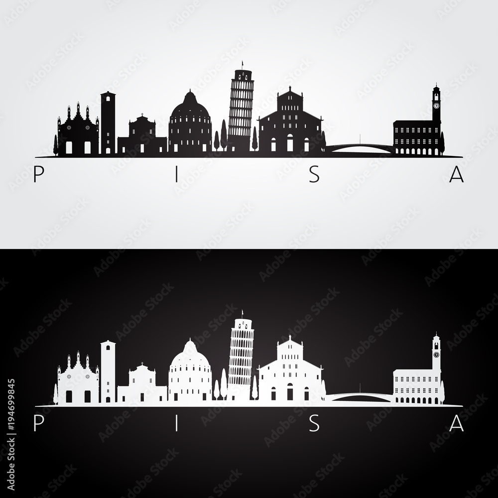 Pisa skyline and landmarks silhouette, black and white design, vector illustration.