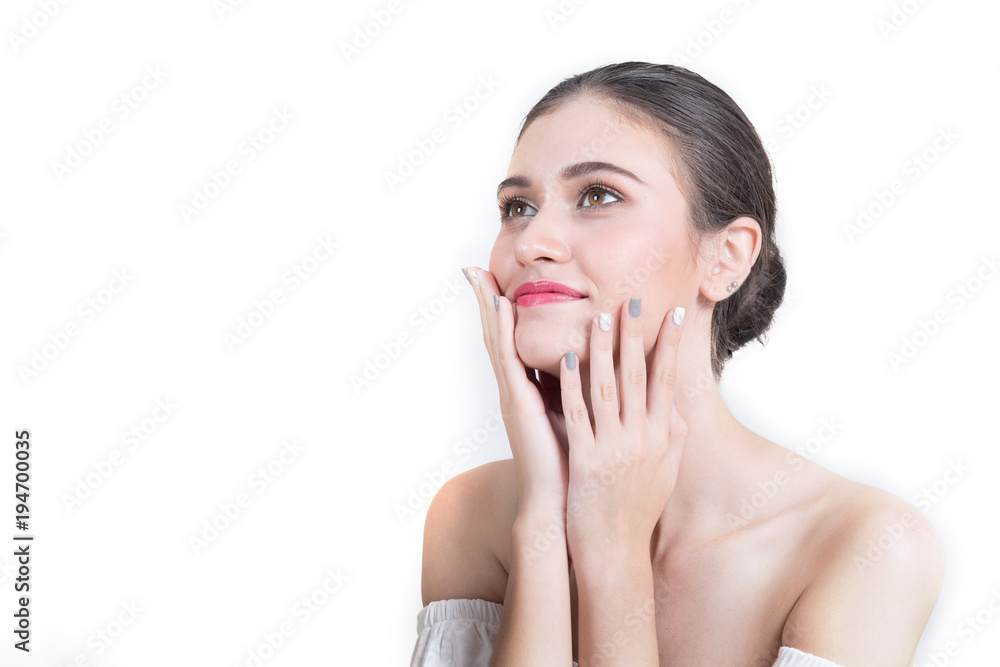 Portrait of Young woman hand pose for facial skin product isolated on white background. Portrait of Young woman hand pose for facial skin product isolated on white background.