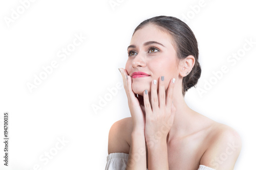 Portrait of Young woman hand pose for facial skin product isolated on white background.