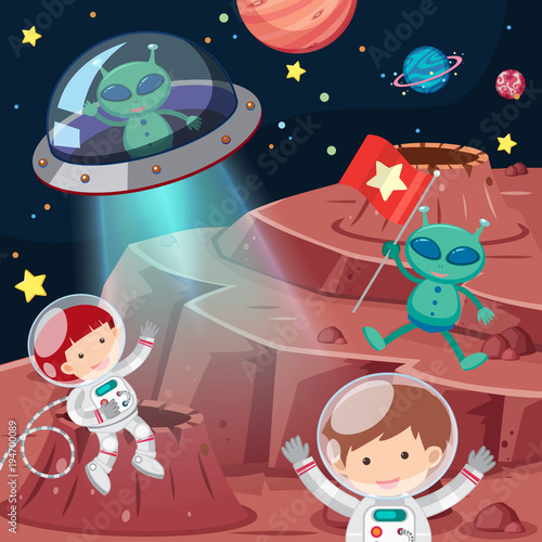 Astronauts and aliens exploring space