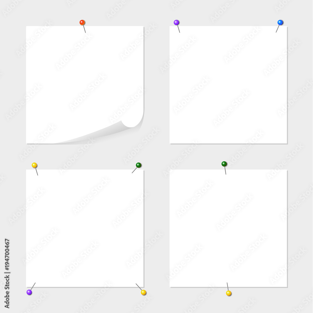 Set of note paper attached by colored pins with space for text or message on grey background. Some variants of blanks. Set of note paper attached by colored pins with space for text or message on grey background. Some variants of blanks.