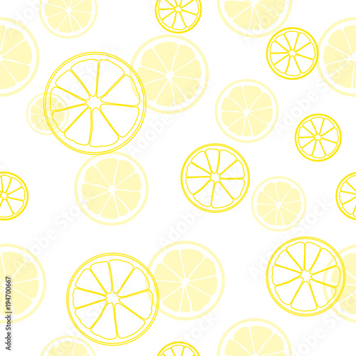 Seamless summer pattern. Print of slices of yellow lemon on white background. Citrus fruit background.