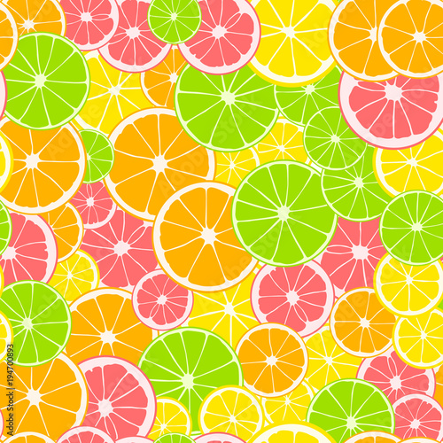 Seamless pattern. Print of slices of green lime, yellow lemon, pink grapefruit and orange. Citrus fruit background.