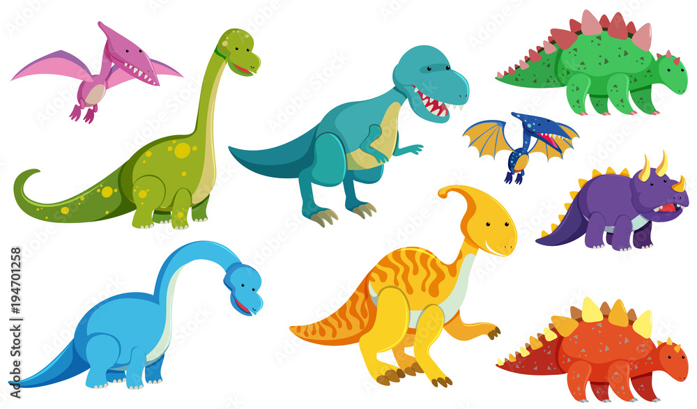 Naklejka Różne rodzaje dinozaurów na białym tle