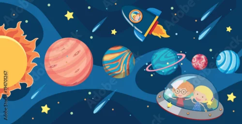 Obraz Dzieci w statku kosmicznym w galaktyce