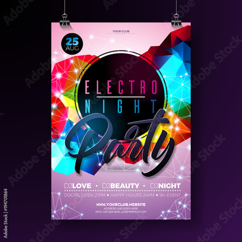 Night dance party poster design with abstract modern geometric shapes on shiny background. Electro style disco club template for abstract music event flyer invitation or promotional banner.