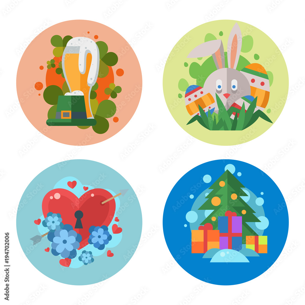 Happy holidays different icons vector holidays symbols decoration traditional celebration gift badge.