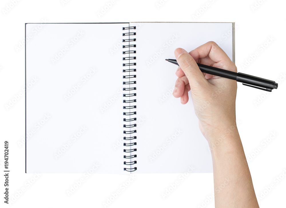 Hand writing with black pen on the blank paper of notebook on white  background. Stock Photo | Adobe Stock