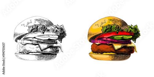 painted burger, great delicious sandwich, illustration,