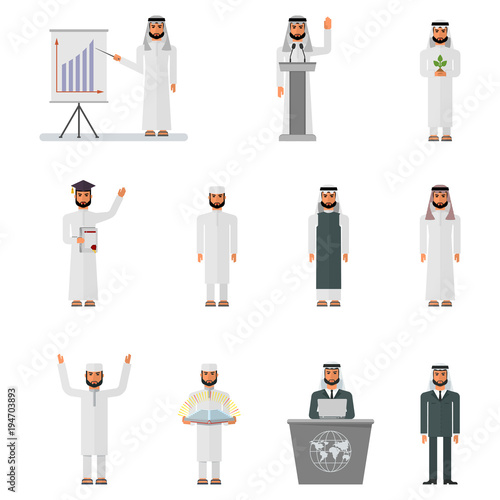 Different styles of life and occupation of Arab man. Business and conferences, higher education and university studies. Islamic religion and Koran. Flat vector chracters isolated on white background.