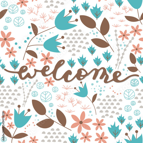 Welcome brush calligraphy with floral pattern.